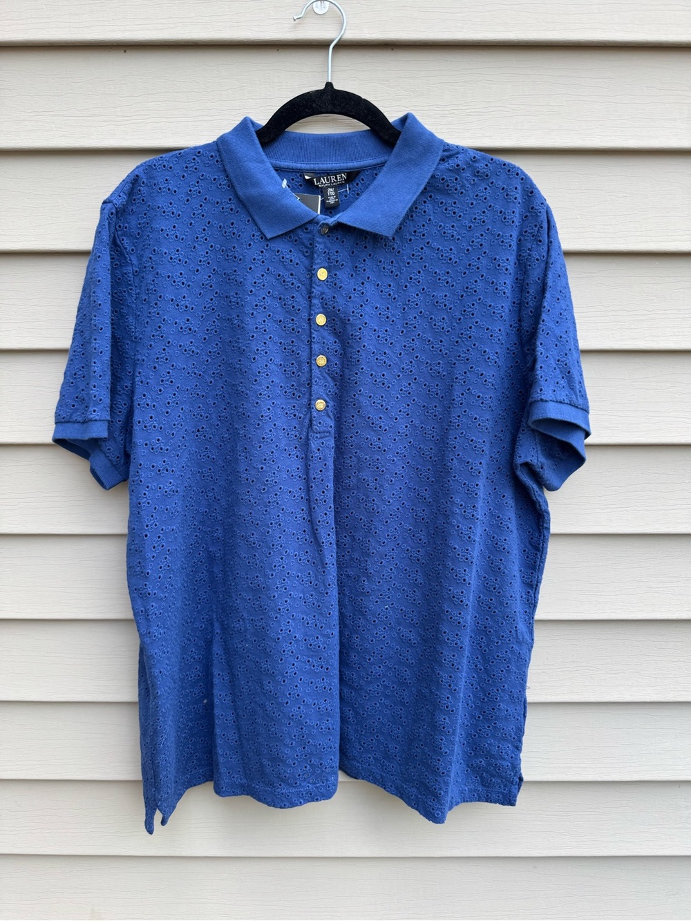 Lauren Ralph Lauren 2X Blue Eyelet Polo Shirt Gold Buttons NWT